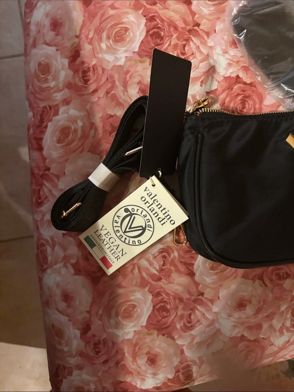 Valentino Orlandi Black Satin Crossbody with Gold V Logo